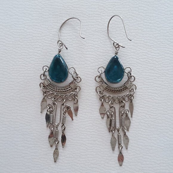 Vintage Bohemian Style Blue/Green Stone Dangle Earrings - Picture 2 of 7